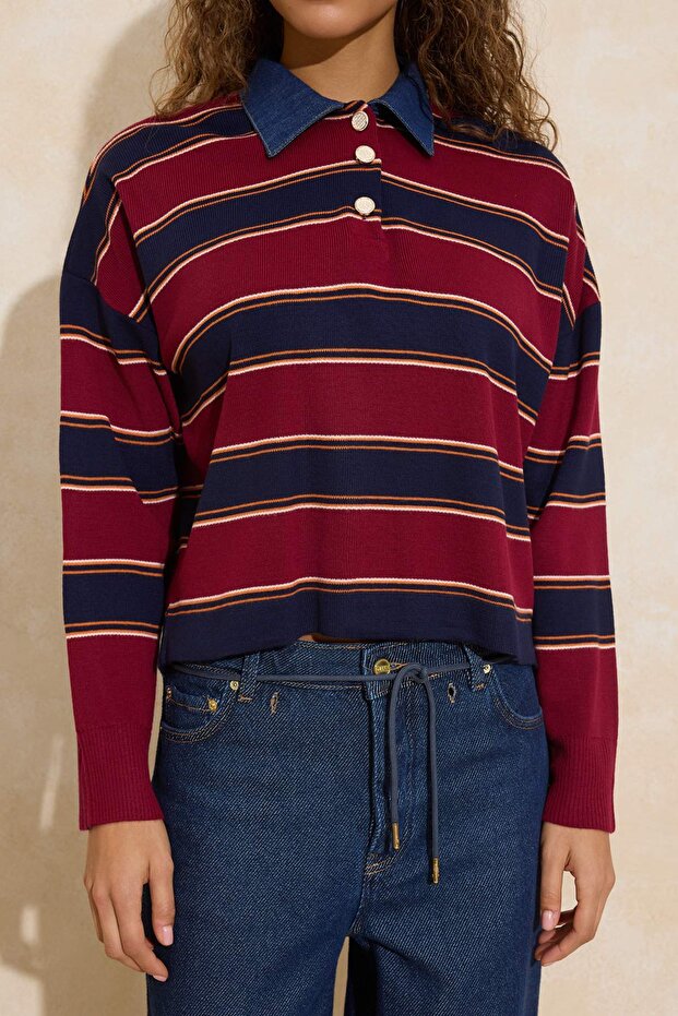 Çok Renkli Çizgili Denim Garnili Polo Yaka Triko Kazak TWOAW26KZ00283 - 3