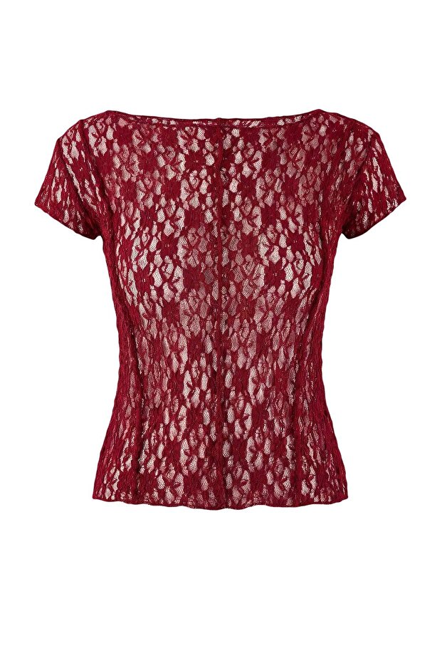 Bordo Fitted/Vücuda Oturan Kayık Yaka Kısa Kollu Dantel Örme Bluz TWOSS26BZ00185 - 5