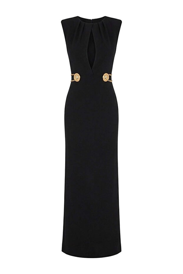 Siyah Cut Out Aksesuar Detaylı Maxi Abiye & Mezuniyet Elbise TPRSS26AE00021 - 6