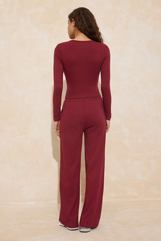 Bordo Fitted/Vücuda Oturan Patlı Uzun Kollu Esnek Örme Alt - Üst Takım TWOSS26AU00007 - 3