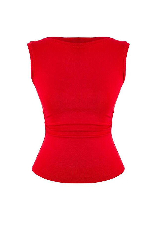 Kırmızı Fitted/Vücuda Oturan Kayık Yaka Kolsuz Yumuşak Örme Bluz TWOSS26BZ00045 - 5