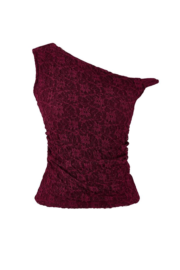 Bordo Fitted/Vücuda Oturan Asimetrik Yaka Düşük Kol Kolsuz Dantel Örme Bluz TWOSS26BZ00077 - 5
