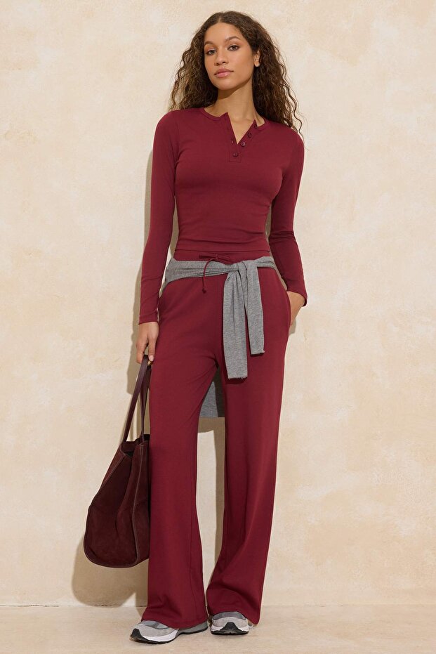Bordo Fitted/Vücuda Oturan Patlı Uzun Kollu Esnek Örme Alt - Üst Takım TWOSS26AU00007 - 1