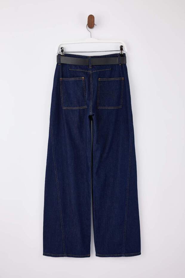 Koyu Mavi DÖKÜMLÜ Kemerli %100 Pamuk Normal Bel Wide Leg Jeans TWOSS26JE00076 - 6