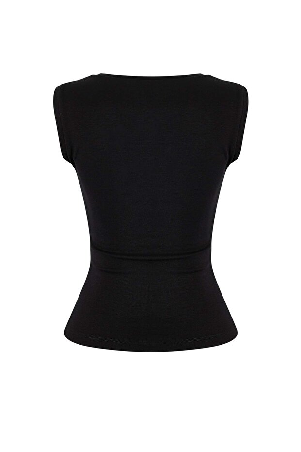 Siyah Fitted/Vücuda Oturan Kayık Yaka Kolsuz Yumuşak Örme Bluz TWOSS26BZ00045 - 7