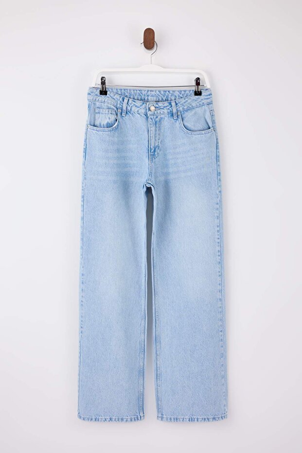 Trendyolmilla Wardrope Essentials Mavi Düşük Bel 100% Pamuk Wide Leg Geniş Paça Jeans TWOSS26JE00131 - 5