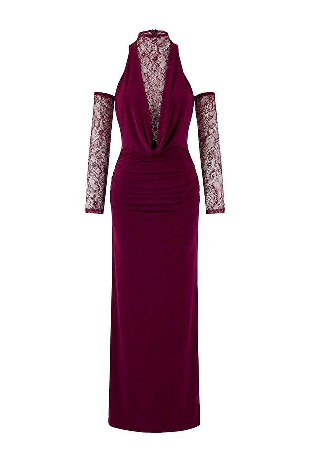 Mürdüm Düz Dantel Detaylı Örme Sandy Maxi Abiye & Mezuniyet Elbisesi - 6