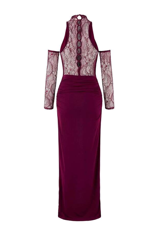 Mürdüm Düz Dantel Detaylı Örme Sandy Maxi Abiye & Mezuniyet Elbisesi - 7