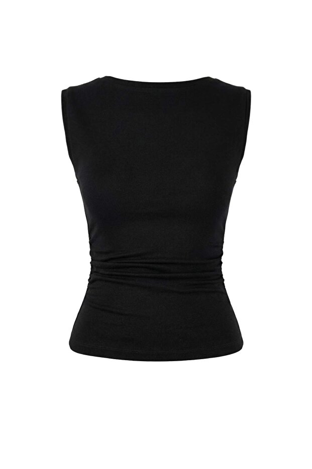 Siyah Fitted/Vücuda Oturan Kayık Yaka Kolsuz Yumuşak Örme Bluz TWOSS26BZ00045 - 5
