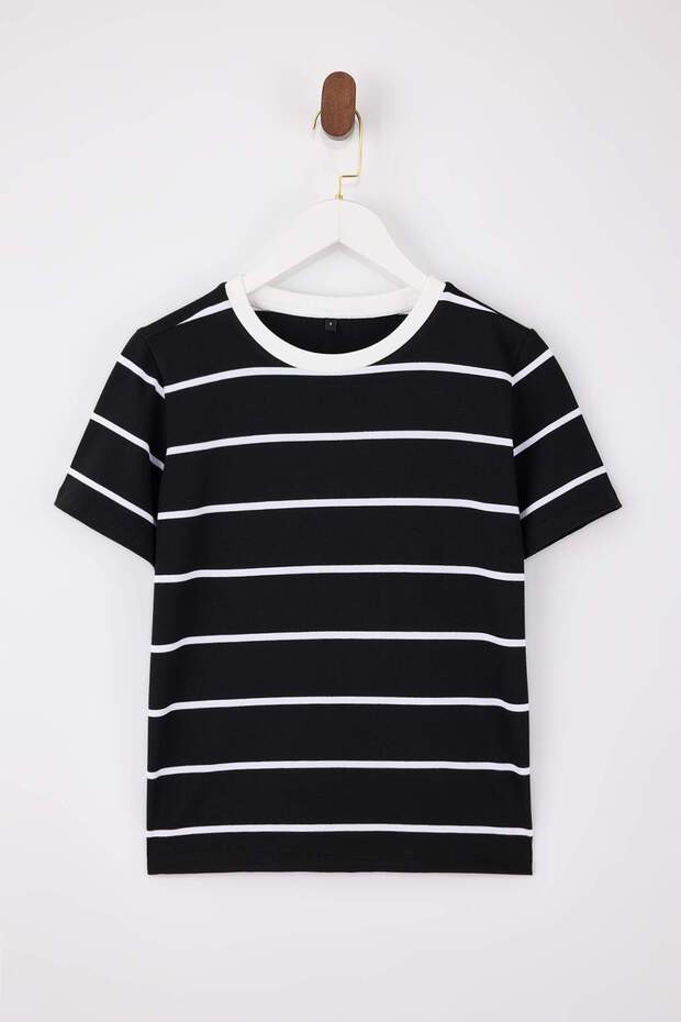 Siyah Çizgili Regular/Normal Kalıp Kısa Kollu Tok %100 Pamuk Örme T-Shirt TWOSS26TS00049 - 5