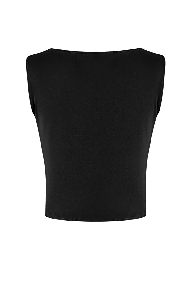 Teen Siyah Fitted/Vücuda Oturan Kayık Yaka Kolsuz Crop Pamuklu Esnek Örme Bluz TWOSS26BZ00035 - 6