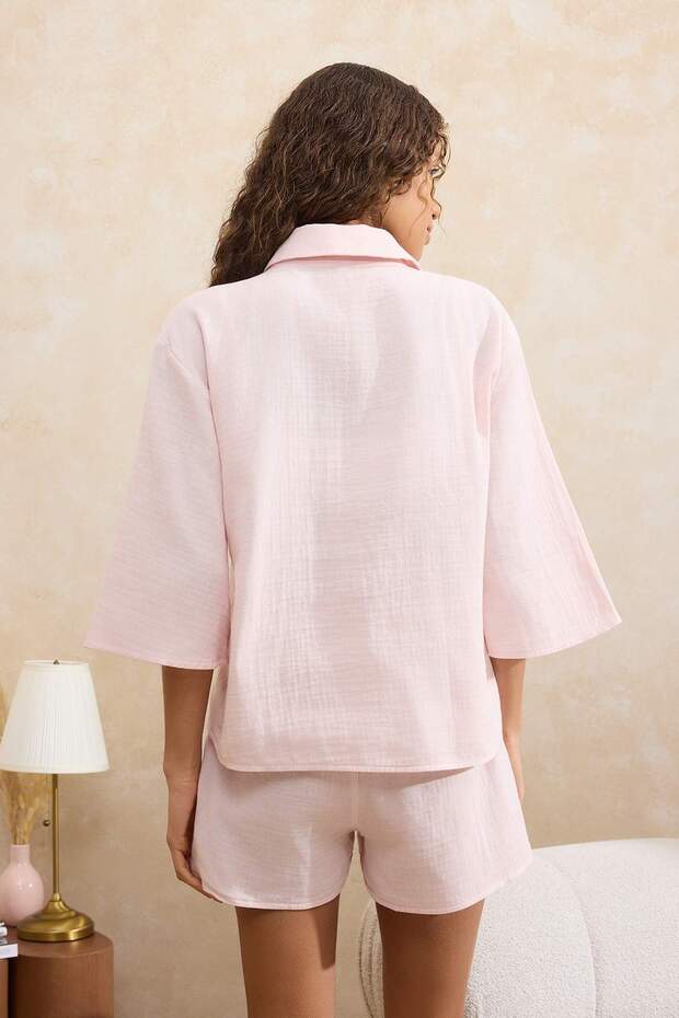Pudra %100 Pamuklu Müslin Kumaş Şortlu Dokuma Pijama Takımı THMSS26PT00032 - 6