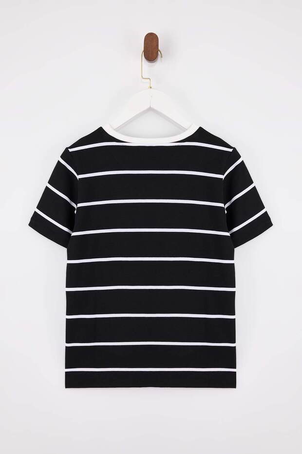 Siyah Çizgili Regular/Normal Kalıp Kısa Kollu Tok %100 Pamuk Örme T-Shirt TWOSS26TS00049 - 6