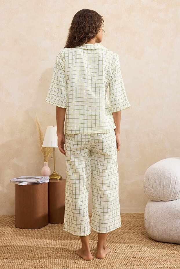 Yeşil %100 Pamuklu Ekoseli Müslin Kumaş Kapri Dokuma Pijama Takımı THMSS26PT00034 - 4