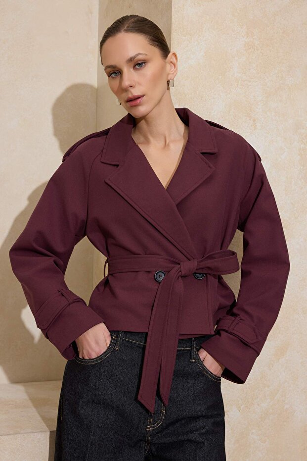 Bordo Premium Dokuma Crop Blazer Ceket TWOSS24BC00010 - 1