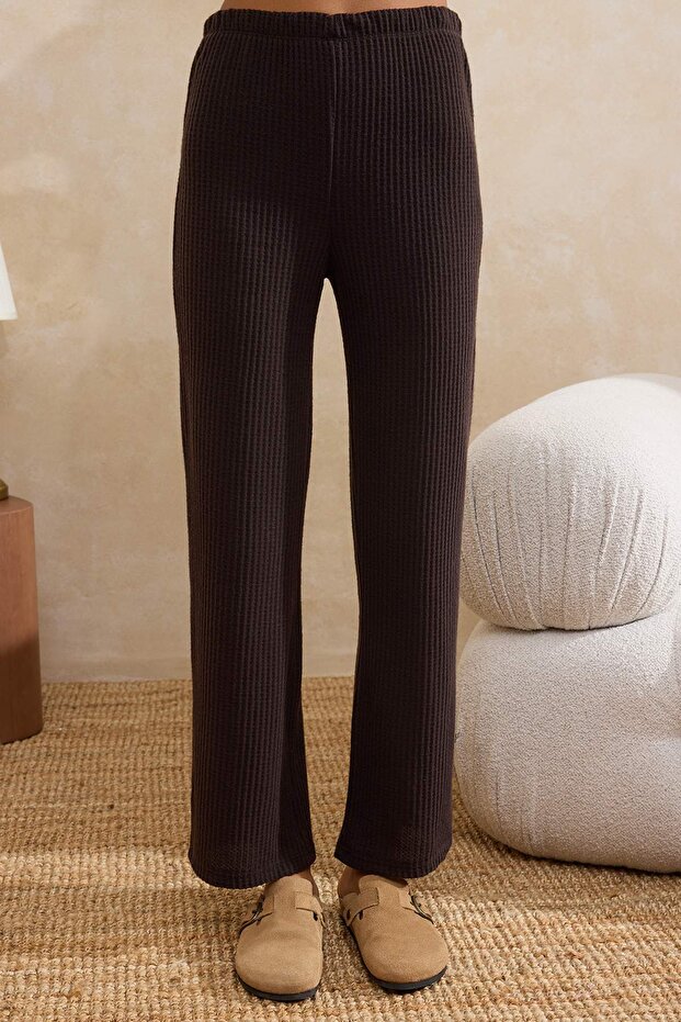Kahverengi Fırfırlı Waffle Örme Pijama Takımı THMAW26PT00126 - 3