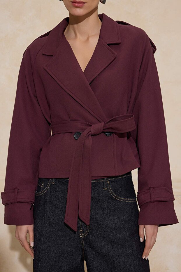 Bordo Premium Dokuma Crop Blazer Ceket TWOSS24BC00010 - 3