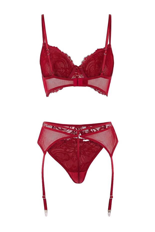 Bordo Dantel Kapsız 3'lü Jartiyerli Fantezi/İç Çamaşırı Takımı THMSS26CC00015 - 4