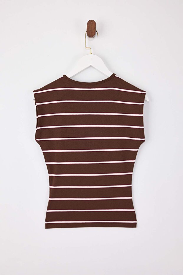 Wardrobe Essentials-Kahverengi Çizgili Fitted/Vücuda Oturan Yumuşak Örme Bluz TWOSS26BZ00108 - 6