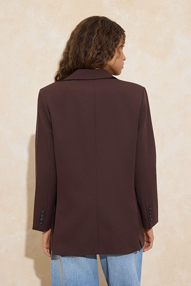 Koyu Kahverengi Oversize Dokuma Blazer Ceket TWOAW24BC00107 - 3