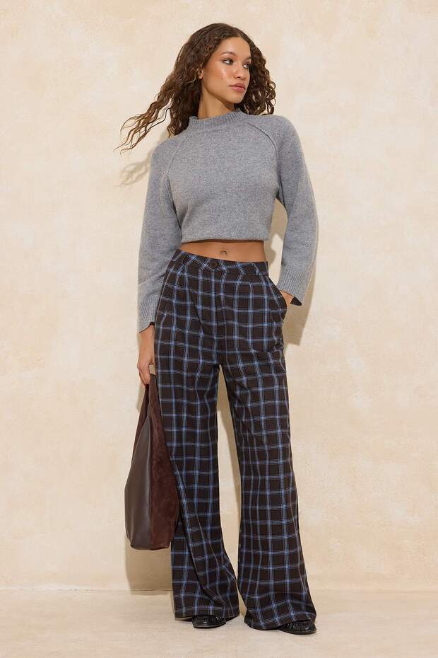 Kahverengi Ekose Wide Leg Pantolon TWOAW26PL00173 - 1