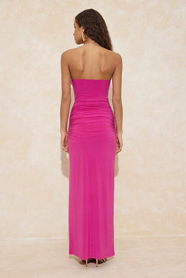 Pembe Boyun Aksesuar Detaylı Örme Maxi Abiye & Mezuniyet Elbisesi TPRSS26AE00008 - 4