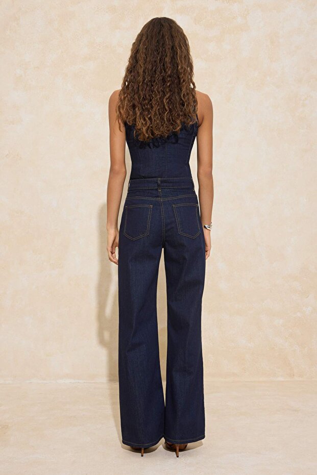 Koyu Mavi DÖKÜMLÜ Yüksek Bel %100 Pamuk Wide Leg Jeans TWOSS26JE00062 - 4