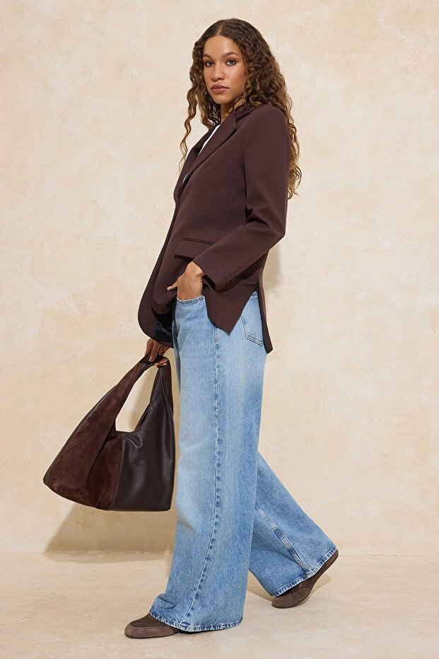 Koyu Kahverengi Oversize Dokuma Blazer Ceket TWOAW24BC00107 - 2