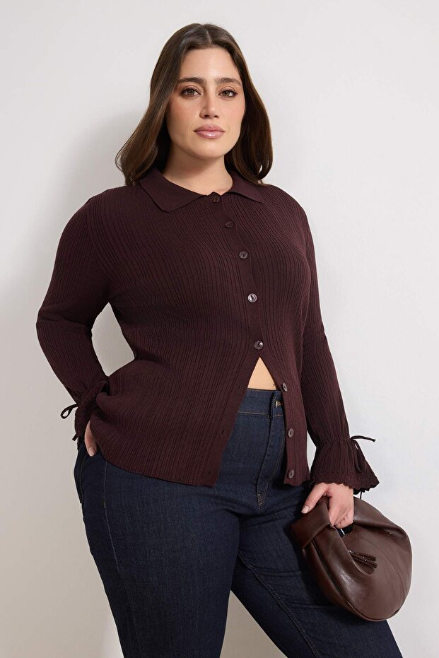 Bordo Merserize Görünümlü Fitilli Polo Yaka Triko Hırka TBBAW26AV00032 - 1
