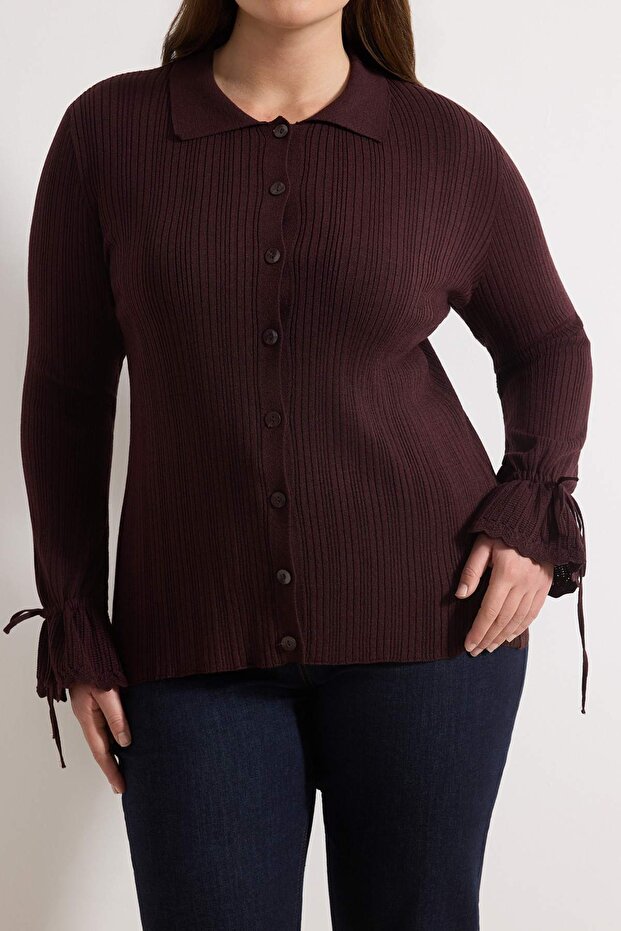 Bordo Merserize Görünümlü Fitilli Polo Yaka Triko Hırka TBBAW26AV00032 - 3