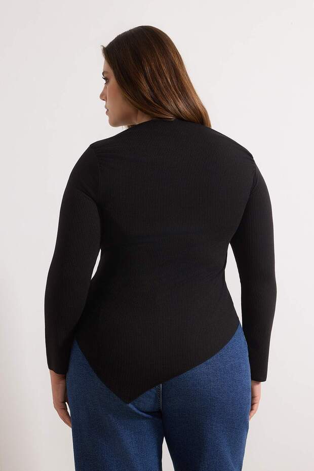 Siyah Kaşkorse Örme Büyük Beden Bluz TBBAW26AF00131 - 4