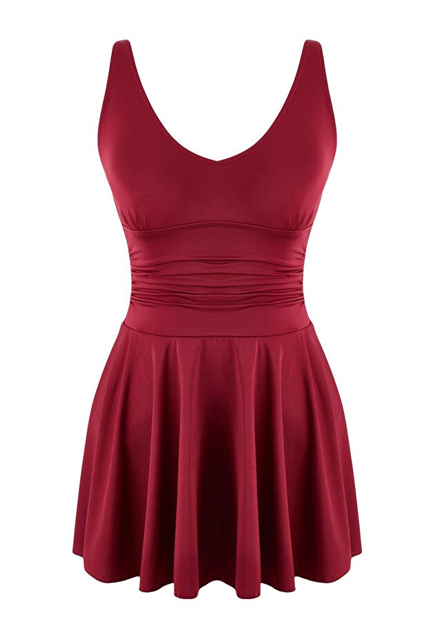Bordo Drapeli V Yaka Kaplı Basic Etek Mayo TBESS26MA00002 - 5