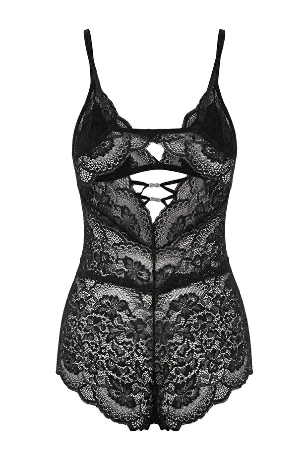 Siyah Dantal Aksesuar Detaylı Tulum/Babydoll THMSS26LL00001 - 5