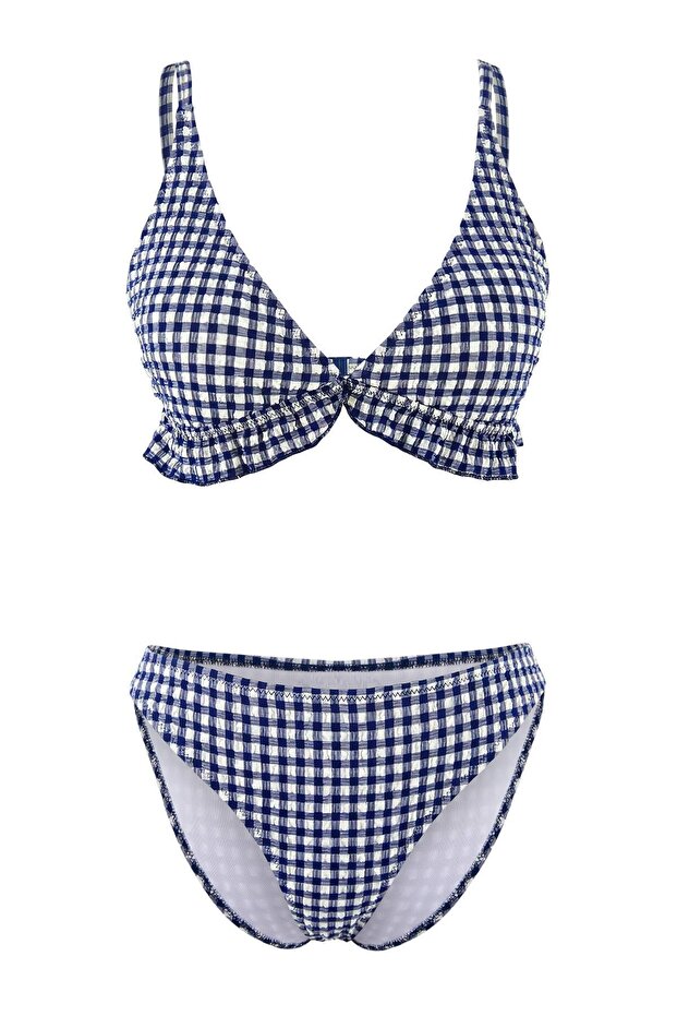 Lacivert Ekose Desenli Üçgen Kaplı Dokulu Fırfırlı Düşük Bel Regular Bikini Takımı TBESS26BT00025 - 5