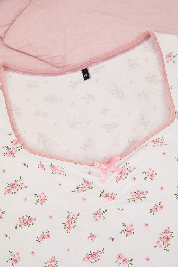 Ekru-Pembe Çiçekli Örme Büyük Beden Pijama Takımı TBBSS26AI00013 - 4