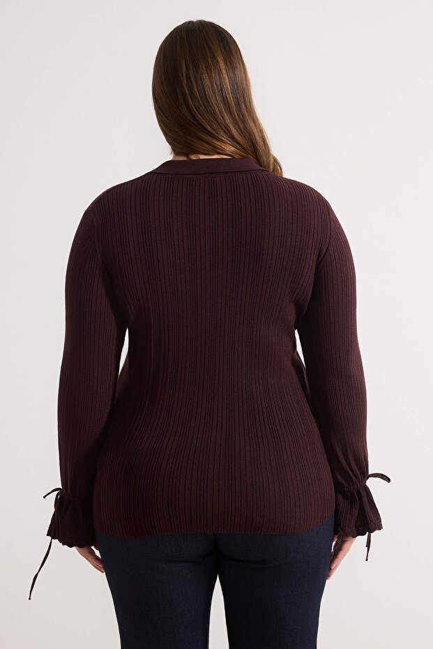 Bordo Merserize Görünümlü Fitilli Polo Yaka Triko Hırka TBBAW26AV00032 - 4