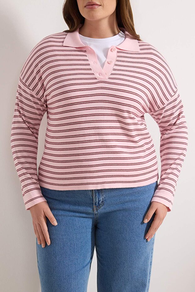 Wardrobe Essentials Pembe Premium İplik/Özel İplikli Geniş Kalıp Çizgili Triko Kazak TBBAW26AN00063 - 3
