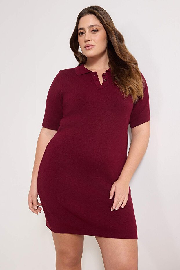Bordo Polo Yaka Düğmeli Kısa / Mini Triko Elbise TBBSS26AH00001 - 2