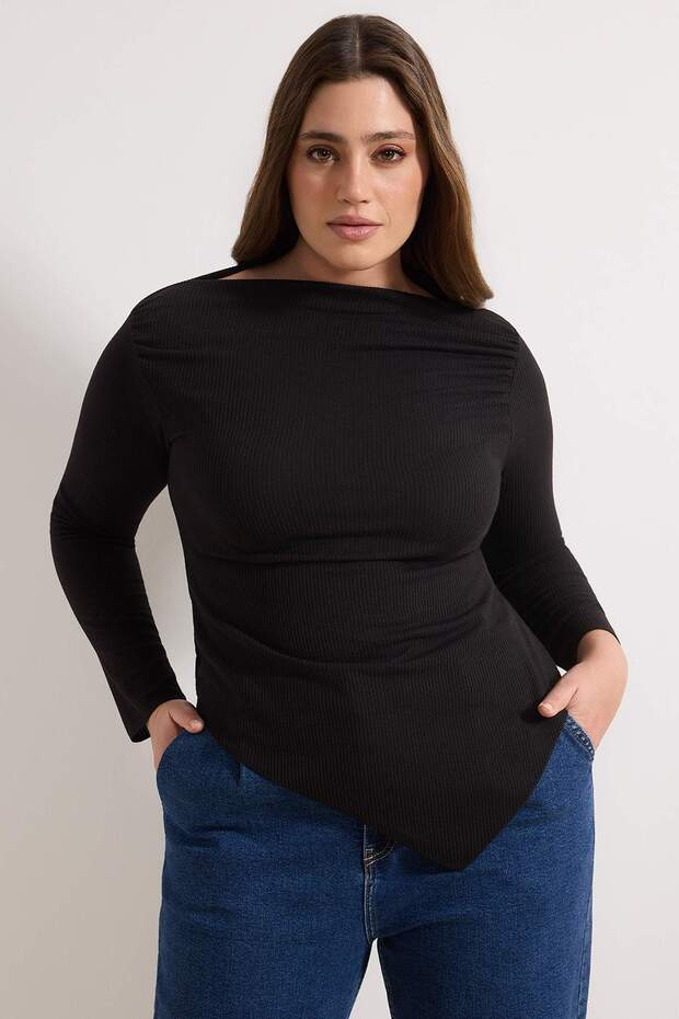 Siyah Kaşkorse Örme Büyük Beden Bluz TBBAW26AF00131 - 2
