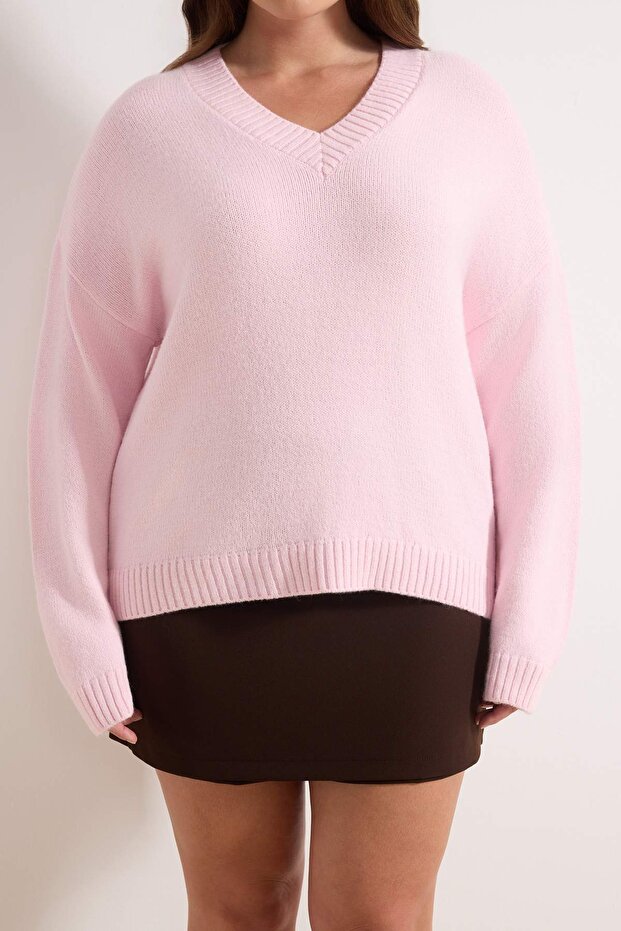 Wardrobe Essentials Pembe Basic Geniş Kalıp Yumuşak Dokulu Triko Kazak TBBAW26AN00069 - 3