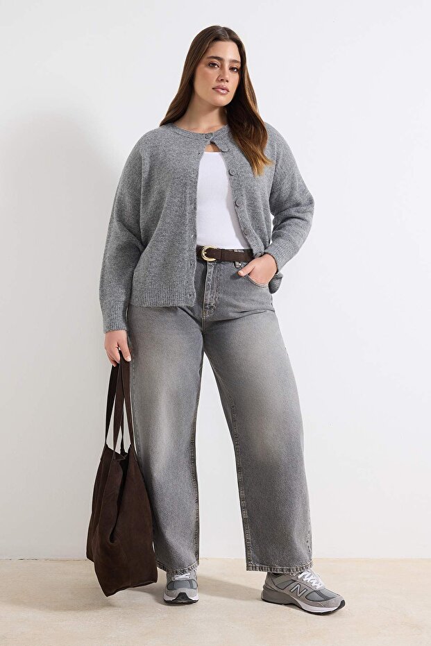 Wardrobe Essentials Antrasit Alpaka Yünü Karışımlı Basic Triko Hırka TBBAW26AV00037 - 1