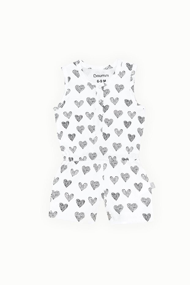 Sleeveless Elastic Waist Shorts Jumpsuit Salopet Hearts White