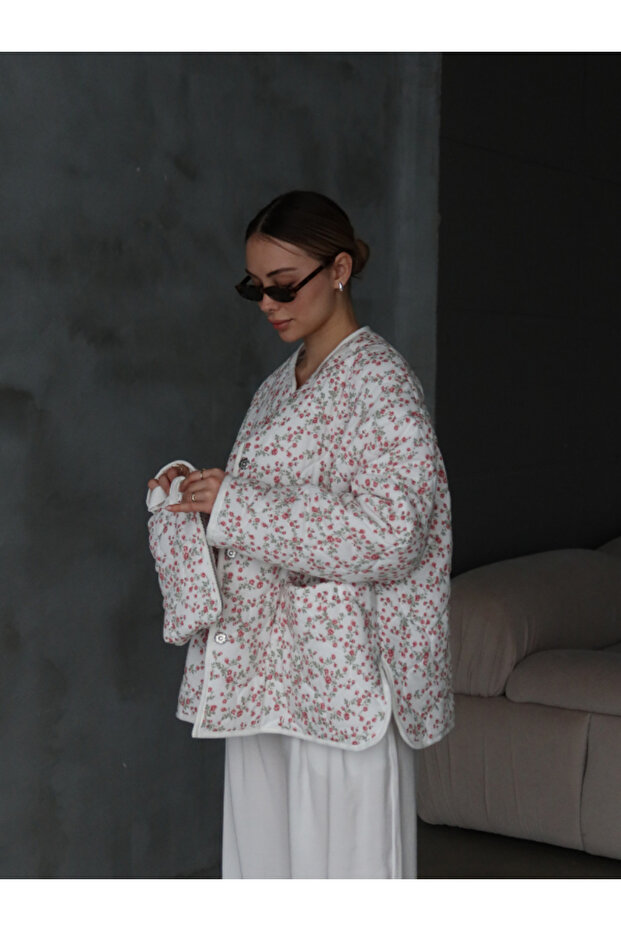 ÇİÇEKLİ ÇANTALI KAPİTONE OVERSİZE CEKET - 6