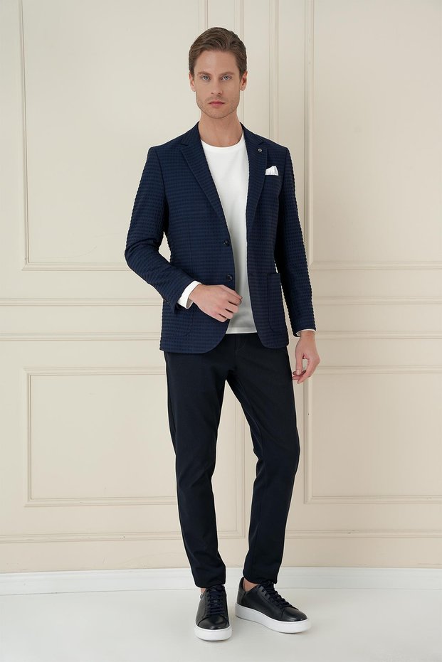 Slim Fit Pocket Pocket Flexible Cotton Seersucker Fabric Navy Blue Jacket C 695