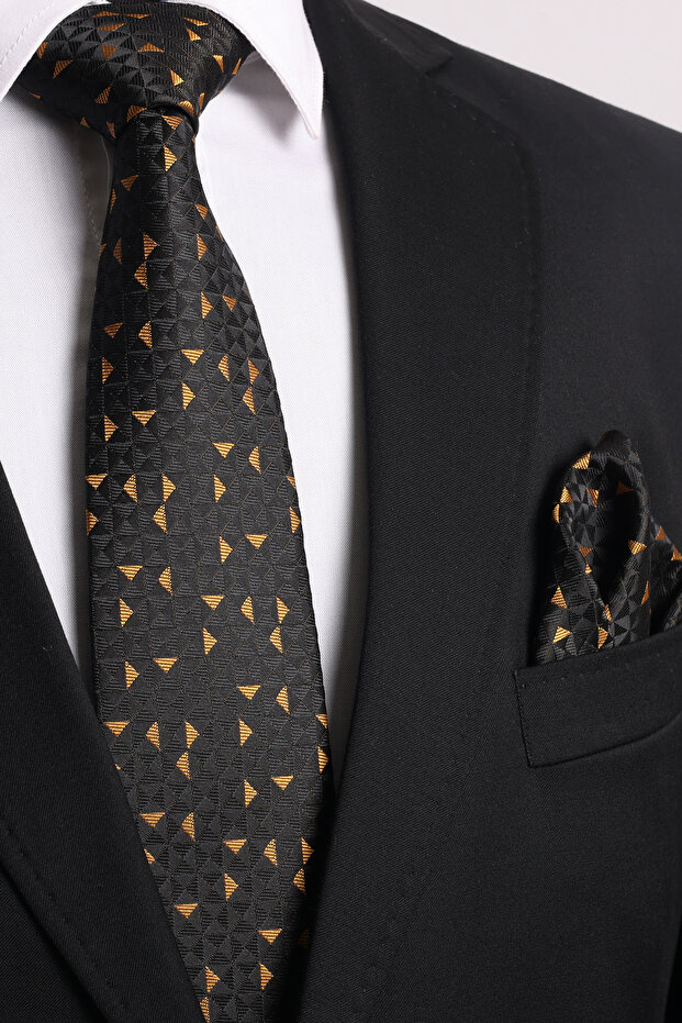 Hand Made 7.5 cm Gold Black Patterned Tie Handkerchief