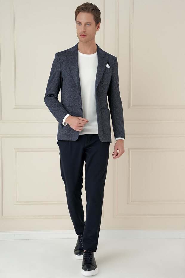 Slim Fit Pointed Collar Wool Herringbone Woven Navy Blue Jacket C 684