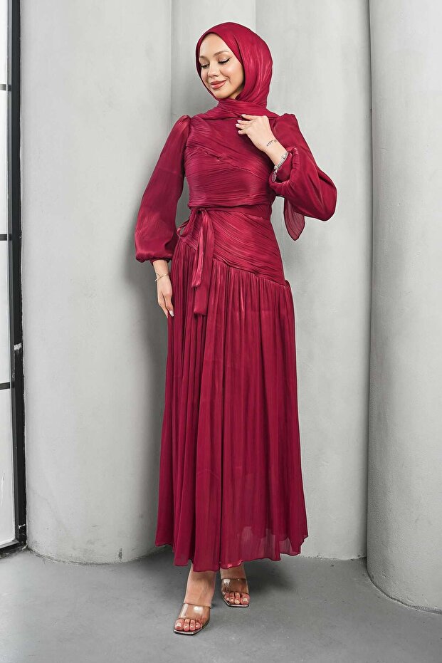 Burgundy Draped Pleated Evening Dress