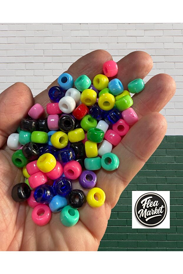 Artdeco Geniş Delikli Karışık Renkli Plastik Boncuk,9x6mm Yassı Silindir Model Takı Boncuğu (25gr,~60 Adet)