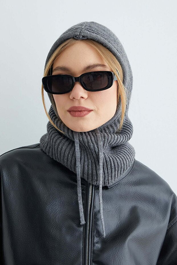 Basic Bağcıklı Triko Balaklava Bere - 1