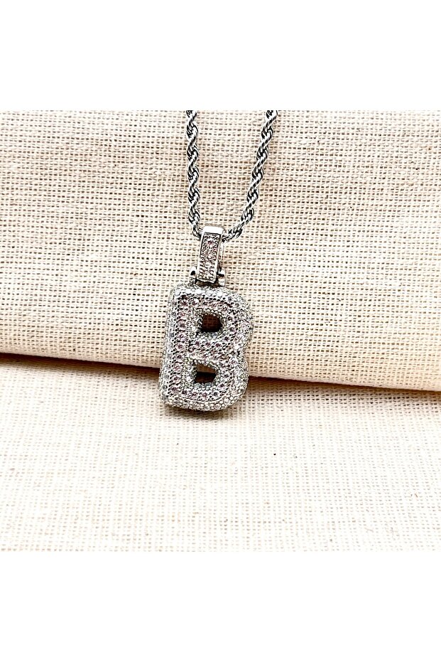 Zircon Stone Twist Chain Chubby Letter Balloon Necklace-Silver Color